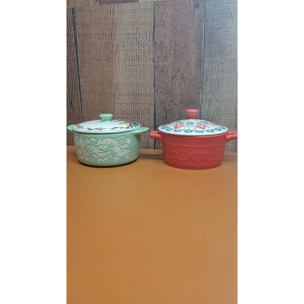 Pioneer Woman Stoneware Mini Ramekins with Lids Mint Green Coral Floral Set of 2